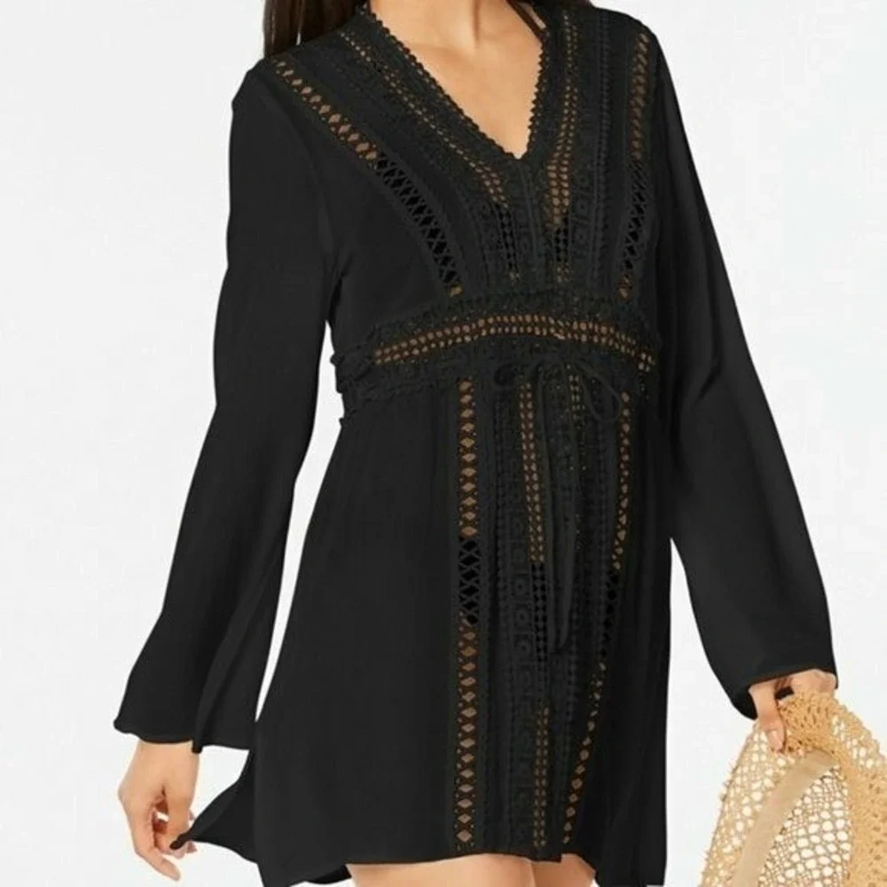 Raviya‎ Crochet Tunic Swimsuit Cover-Up Size Large Black Long Sleeve NEW
